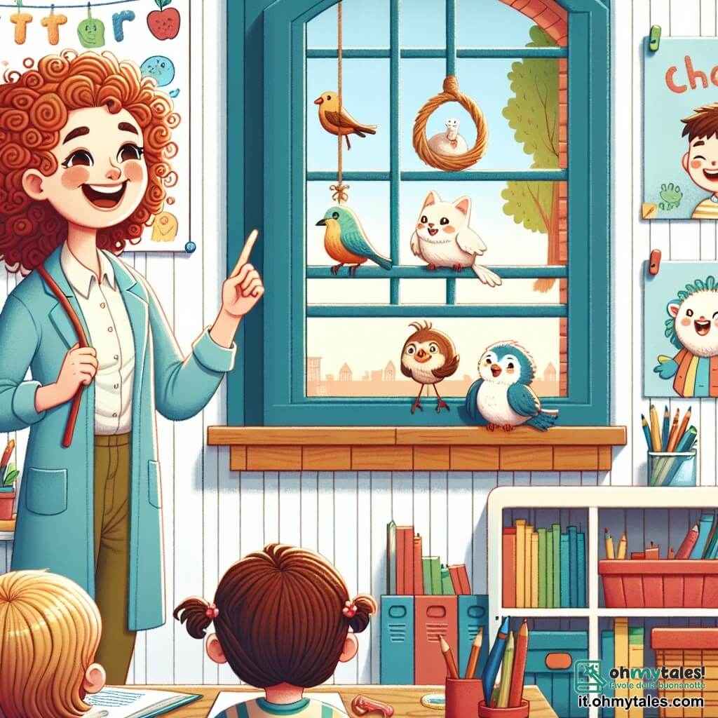 Une illustration destinée aux enfants représentant une institutrice aux cheveux bouclés et au sourire lumineux enseignant à une classe joyeuse, avec un petit oiseau curieux observant depuis la fenêtre, dans une salle de classe colorée avec des étagères remplies de livres et des dessins d'animaux accrochés aux murs.