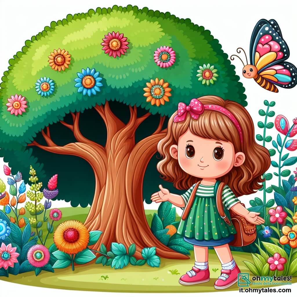 Une illustration destinée aux enfants représentant une petite fille curieuse, se tenant devant un majestueux Arbre de la Connaissance, accompagnée d'une farfalla voyageuse, dans un jardin fleuri et coloré.