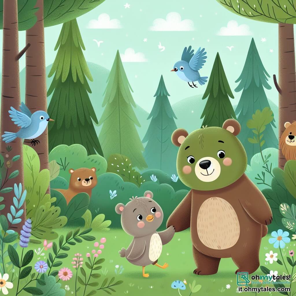 Une illustration destinée aux enfants représentant un adorable ours curieux, accompagné d'un petit oiseau, dans une luxuriante forêt enchantée où les arbres sont majestueux et les animaux joyeux.