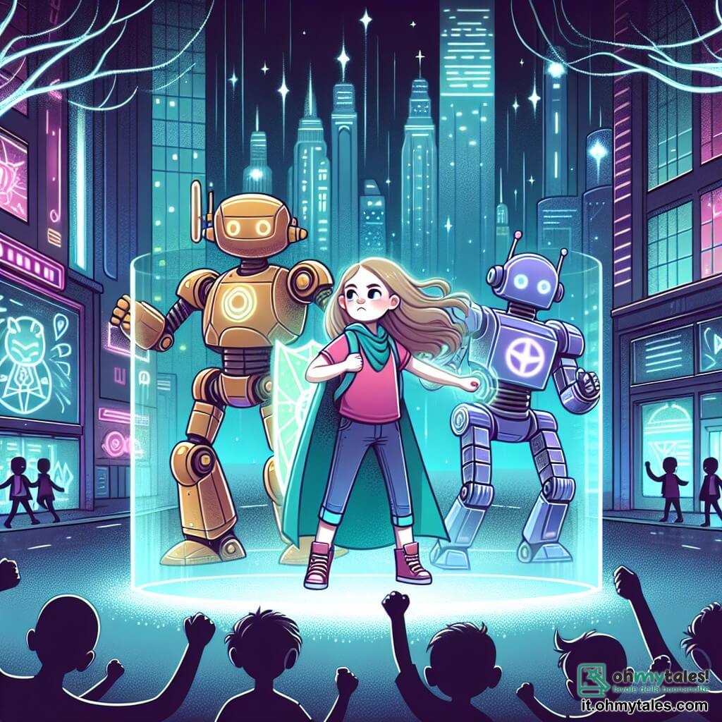 Une illustration destinée aux enfants représentant une fille courageuse défendant des robots maltraités par des bullies dans une ville futuriste scintillante de lumières néon et de bâtiments en verre et acier, entourée d'arbres bioluminescents, avec des robots aux personnalités variées comme personnages secondaires.