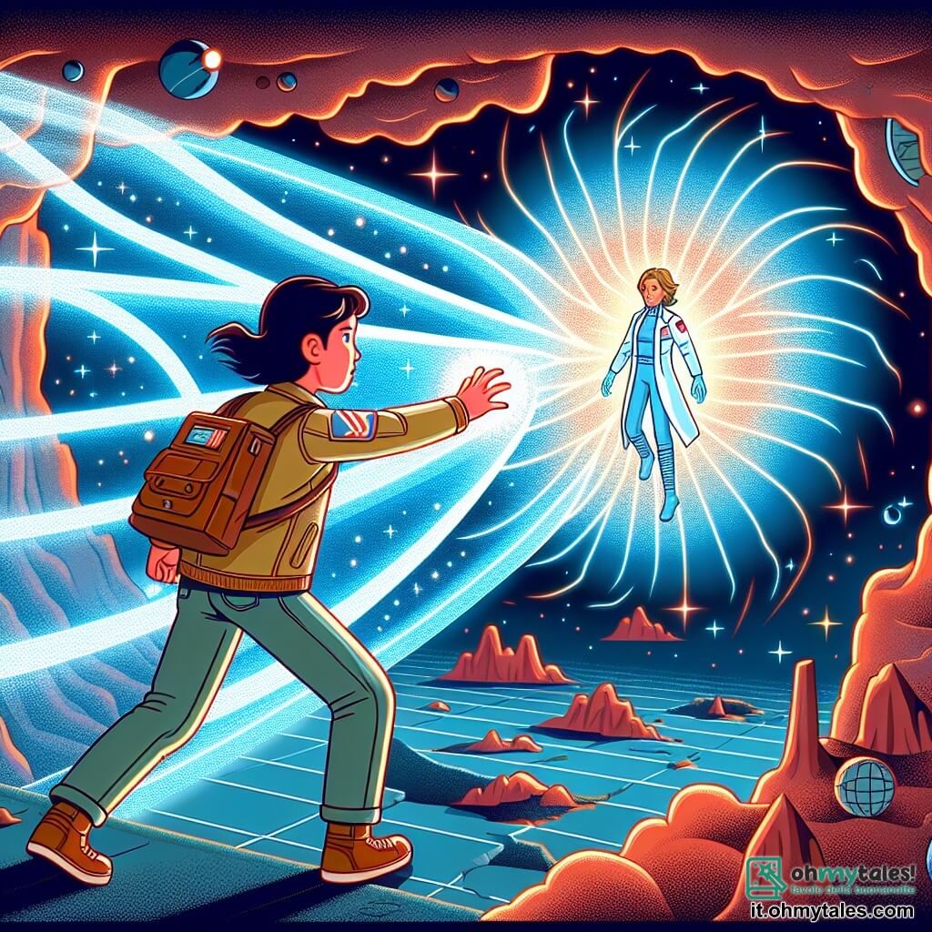 Une illustration destinée aux enfants représentant une femme scientifique courageuse et déterminée, confrontée à un être lumineux et mystérieux, dans un territoire dimensionnel aux lois physiques altérées, lors d'un voyage spatial à travers des galaxies inconnues.