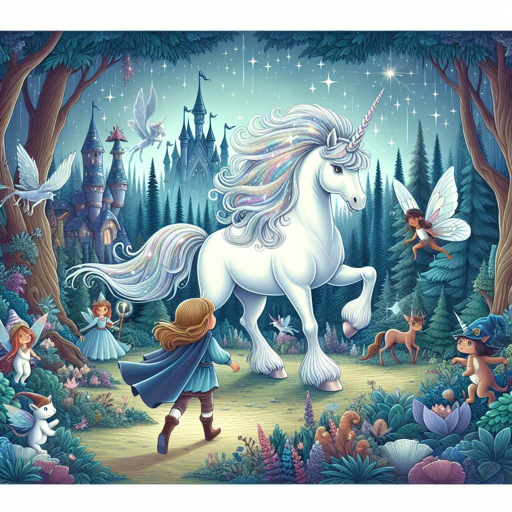 Une illustration destinée aux enfants représentant une magnifique licorne blanche aux crins scintillants, se trouvant dans une forêt enchantée peuplée de fées, d'elfes et d'animaux magiques, où elle rencontre une courageuse petite fille prête à l'aider à sauver le royaume magique d'un stregone maléfique.