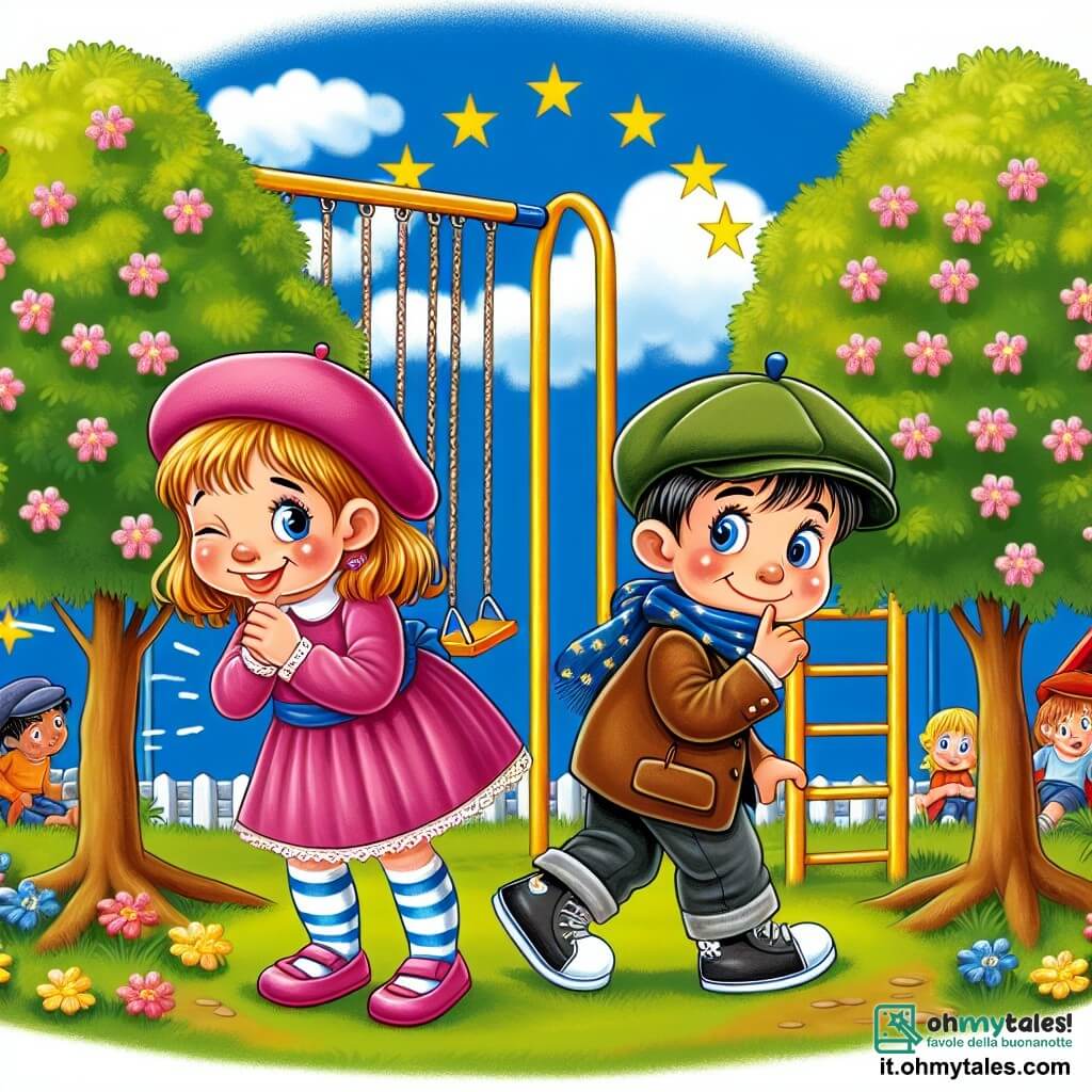 Une illustration destinée aux enfants représentant une fillette rigolote en train de jouer à cache-cache avec son meilleur ami, un garçon espiègle, dans un parc de jeux coloré avec des balançoires, des toboggans et des arbres en fleurs.