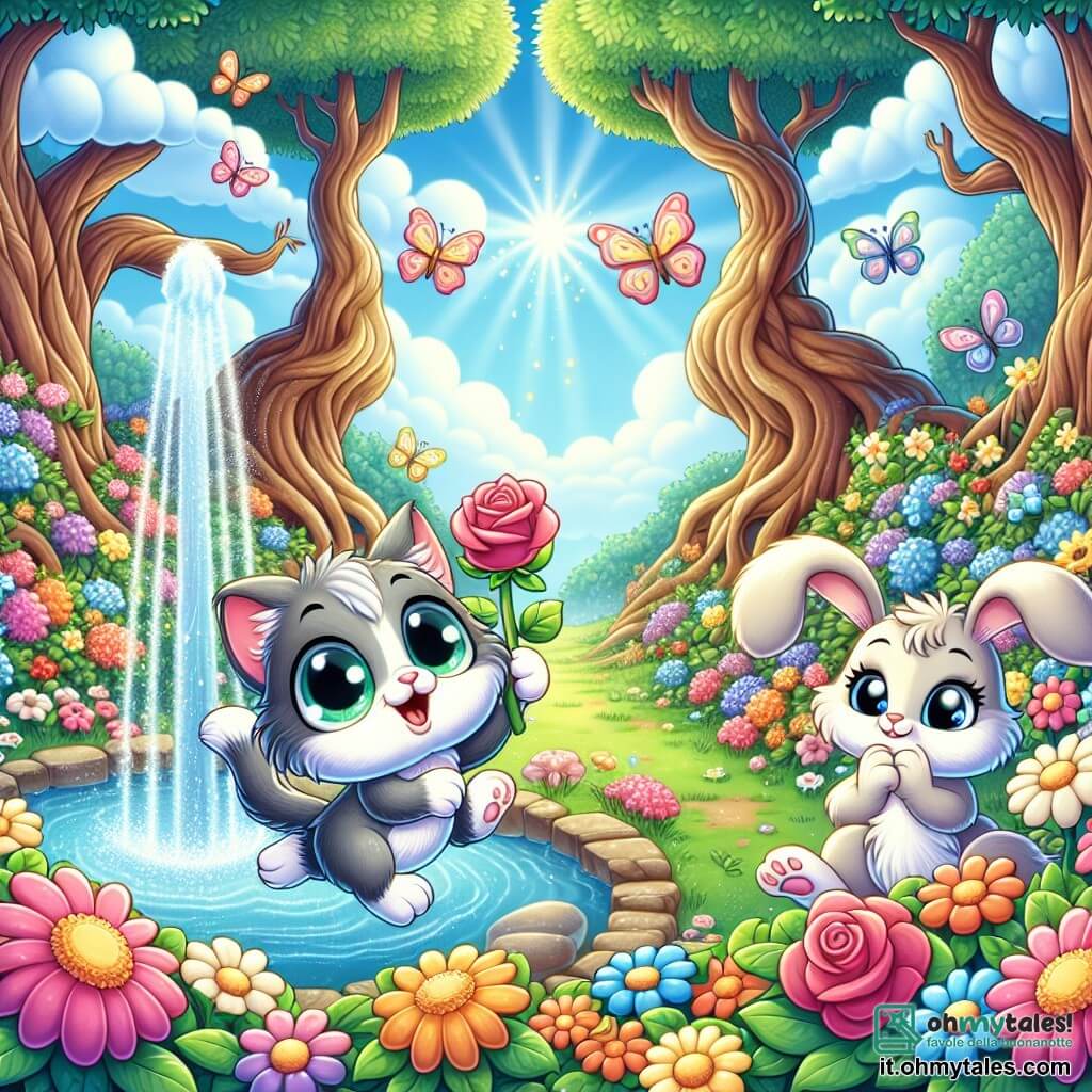 Illustrazione che rappresenta un giardino incantato, pieno di fiori colorati dai petali brillanti, di alberi maestosi con tronchi contorti, e di una fontana scintillante al centro, dove l'acqua zampilla in riflessi di luce sotto un cielo blu chiaro punteggiato di nuvole morbide. In primo piano, un gattino dai peli grigi e bianchi, con occhi verdi brillanti di curiosità, sta saltando gioiosamente, tenendo delicatamente una rosa lucente tra le zampe. Accanto a lui, un coniglietto dalle grandi orecchie, con un pelo marrone chiaro e occhi vivaci, guarda con ammirazione il gatto, pronto ad aiutarlo. La scena emana un'atmosfera di magia e amicizia, con farfalle colorate che svolazzano intorno e raggi di sole che filtrano tra le foglie degli alberi, creando un quadro vivace e gioioso.