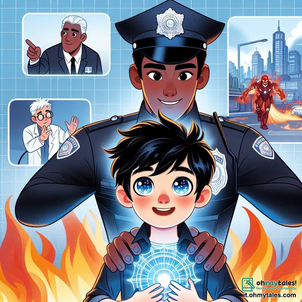 Une illustration destinée aux enfants représentant un jeune garçon aux cheveux noirs et aux yeux brillants, doté de pouvoirs extraordinaires, sauvant un scientifique d'un incendie dans la ville futuriste de Neopolis, avec en soutien une courageuse policière aux cheveux blonds et aux yeux déterminés.