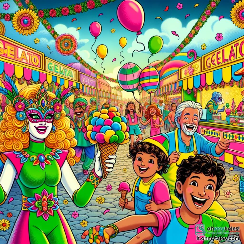 Illustrazione di un festival di gelato colorato, pieno di stand dai vivaci toni di rosa, blu e giallo, con ghirlande di fiori e palloncini che fluttuano in un cielo soleggiato. Al centro dell'immagine, un supereroe, una donna dai capelli ricci e dorati, indossa un costume brillante verde e rosa, sorridendo gioiosamente mentre fa fiorire fiori attorno a sé con un gesto della mano. Accanto a lei, un clown felice, un uomo di mezza età con il viso dipinto di bianco e un naso rosso, indossa un grande cappello colorato e un cono di gelato sulla testa, ridendo a crepapelle. Sullo sfondo, bambini di circa 6-10 anni, con capelli vari e vestiti colorati, corrono e ridono, tenendo coni di gelato. La scena trasmette un'atmosfera festosa e gioiosa, con risate e colori brillanti, catturando lo spirito di una giornata piena di sorprese e risate al festival.