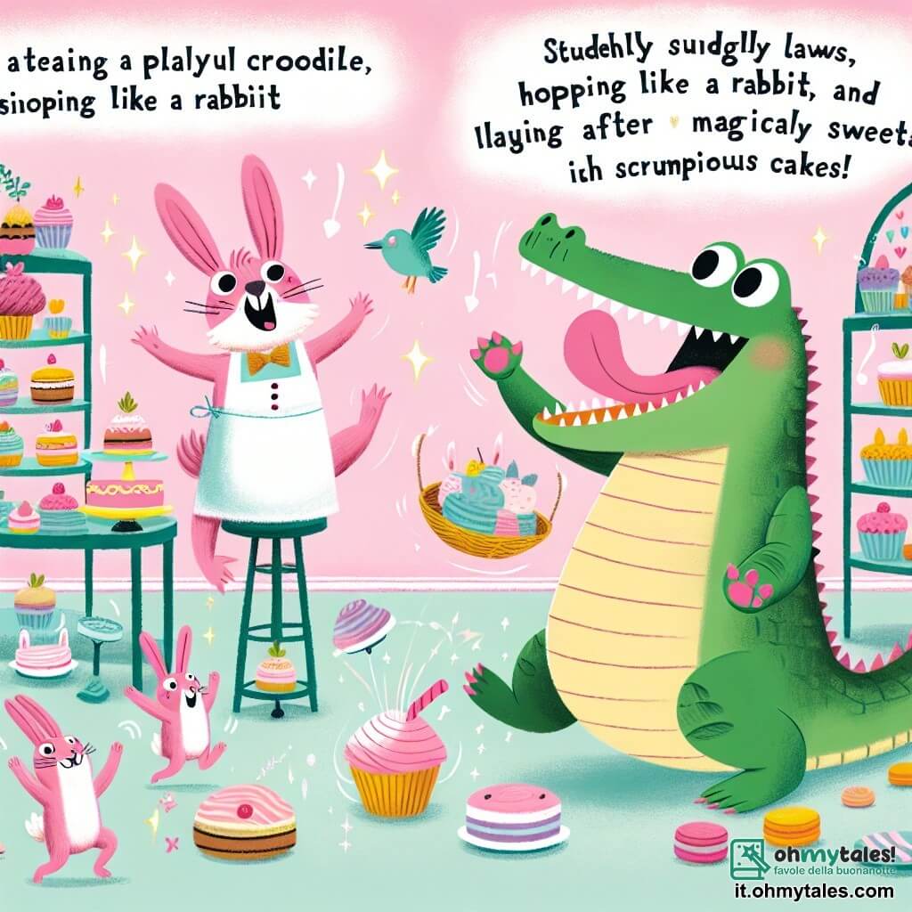 Une illustration destinée aux enfants représentant un crocodile espiègle se retrouvant avec des pattes roses, sautillant comme un lapin, chantant comme un oiseau et riant sans fin après avoir goûté des dolcetti magiciens chez une lapine pâtissière dans sa charmante boutique aux murs de sucre coloré et aux étagères remplies de délicieux gâteaux.