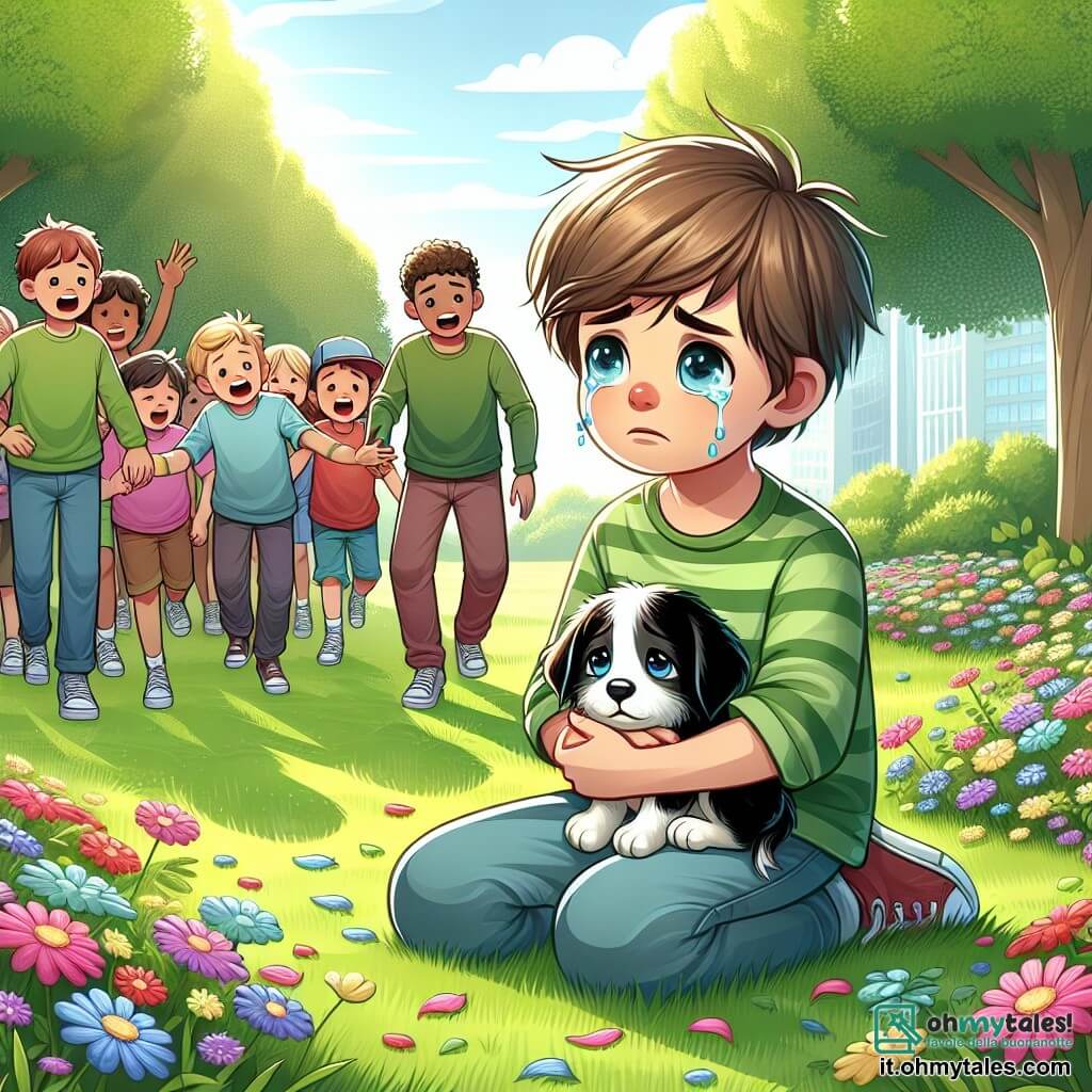 Une illustration sous forme de dessin destinée aux enfants représentant un parc verdoyant parsemé de fleurs colorées, où un garçon de 11 ans aux cheveux bruns et aux yeux bleus, assis sur l'herbe, tient dans ses bras un petit chien blanc et noir, les larmes aux yeux, tandis qu'un groupe d'amis, des garçons et des filles aux visages souriants, s'approche pour lui apporter du réconfort, créant une atmosphère à la fois triste et chaleureuse, symbolisant l'amour et le souvenir d'un ami perdu.