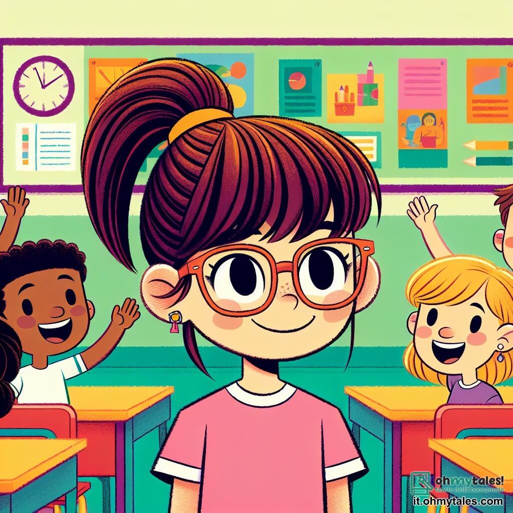 Une illustration sous forme de dessin destinée aux enfants représentant une salle de classe lumineuse avec des murs colorés, où une fille de 11 ans aux cheveux châtains attachés en queue de cheval, portant des lunettes et une t-shirt rose, se tient debout devant ses camarades, un grand sourire sur le visage, tandis que deux autres élèves, un garçon aux cheveux bruns et une fille aux cheveux blonds, l'encouragent avec des expressions amicales, illustrant le moment où elle prend confiance en elle pour partager ses dessins devant la classe.