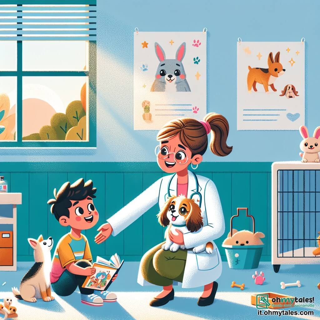 Illustrazione che rappresenta una clinica veterinaria colorata e accogliente, con muri decorati da disegni di animali realizzati da bambini. Si vedono poster educativi sui cura degli animali e una grande finestra che fa entrare la luce del sole. Al centro della scena, una veterinaria sorridente, sulla trentina, con capelli castani raccolti in uno chignon e indossante un camice bianco, è accovacciata per accarezzare un piccolo cane dagli occhi brillanti, mostrando il suo amore e la sua benevolenza. Accanto a lei, un ragazzo di circa 10 anni, con capelli ricci e indossante una maglietta colorata, osserva con meraviglia. Tiene in mano un libro illustrato sui cura degli animali, pronto a fare domande. La situazione principale mostra la veterinaria che spiega con entusiasmo come prendersi cura degli animali, mentre il piccolo cane scodinzola, felice di essere al centro dell'attenzione. Sullo sfondo, si può vedere una gabbia con un adorabile coniglio dalle orecchie lunghe e dei giocattoli per animali sparsi sul pavimento, aggiungendo un tocco ludico all'illustrazione.