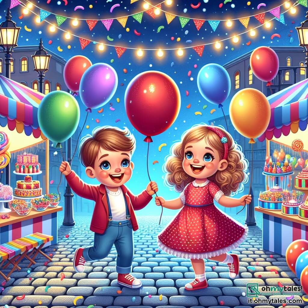 Illustrazione che rappresenta una scena vibrante di un carnevale. Sullo sfondo, strade lastricate fiancheggiate da stand colorati, decorati con ghirlande luminose e palloncini che fluttuano in un cielo blu splendente. Confetti multicolori cadono dolcemente, contribuendo all'atmosfera festosa. In primo piano, due bambini gioiosi: un ragazzo di circa due anni con capelli castani e occhi scintillanti, indossa una camicia rossa e pantaloni blu. Tiene un grande palloncino rosso tra le mani. Accanto a lui, una ragazza della stessa età, con capelli ricci e biondi, vestita con un abito rosa a pois bianchi, sorride ampiamente mentre indica uno stand di dolci. La scena principale mostra i due amici che ballano e ridono, circondati da colori vivaci e dolciumi. Caramelle scintillanti e torte colorate sono visibili sul tavolo dello stand, mentre un mago sullo sfondo, con un grande cappello e un mantello, fa fluttuare palloncini nell'aria, aggiungendo un tocco di magia alla scena.