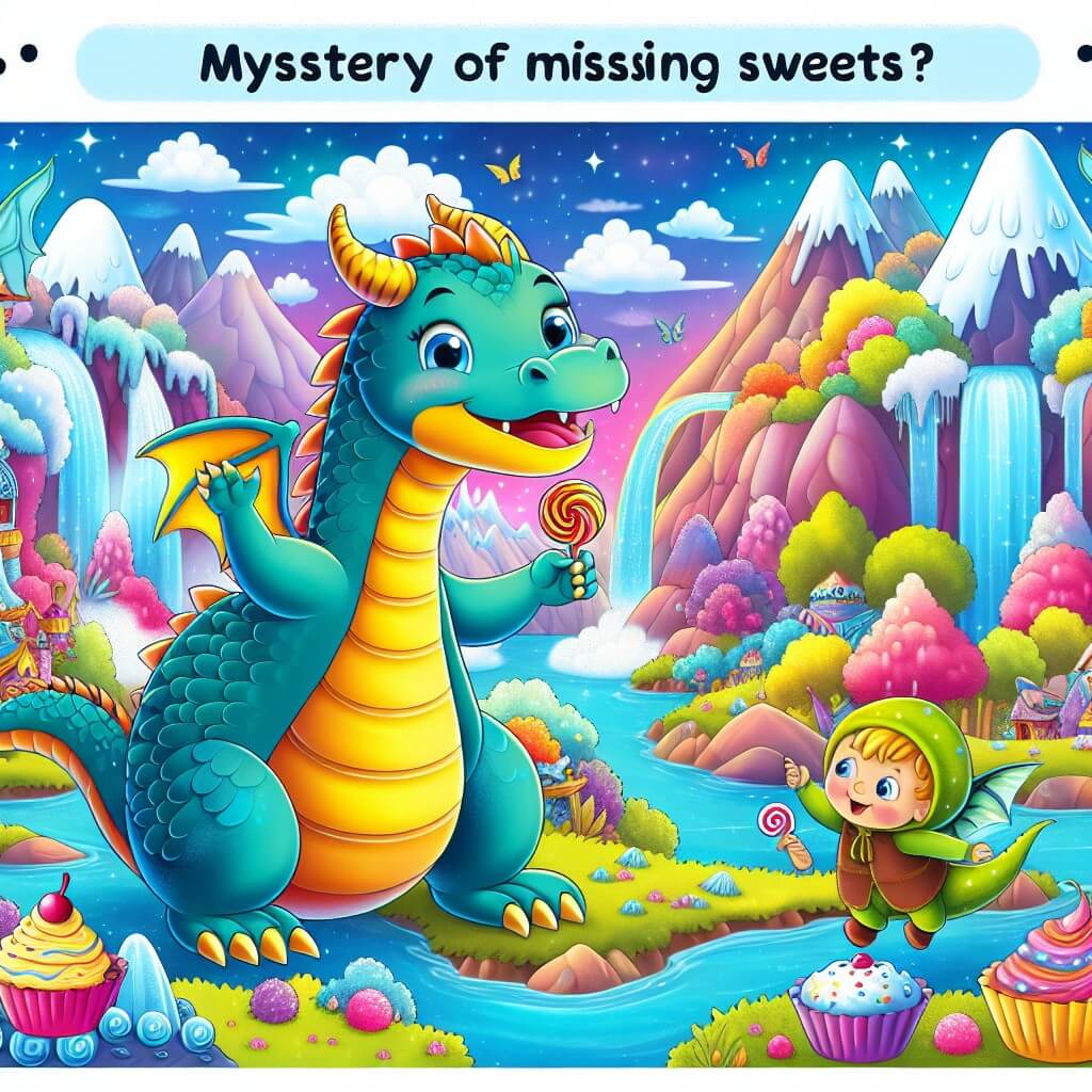 Une illustration destinée aux enfants représentant un dragon espiègle et attachant, se retrouvant au cœur d'une enquête pour résoudre le mystère des friandises disparues, accompagné de son fidèle ami humain, dans un pays imaginaire rempli de cascades étincelantes, de montagnes aux couleurs vives et de forêts enchantées.