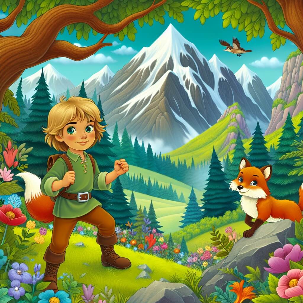Une illustration destinée aux enfants représentant une jeune fille intrépide se tenant devant une montagne escarpée, accompagnée d'un petit renard malicieux, dans une forêt enchantée remplie de fleurs colorées et d'arbres majestueux.