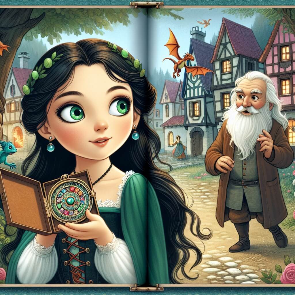 Une illustration destinée aux enfants représentant une jeune femme à la chevelure sombre comme la nuit, les yeux scintillants d'émeraude, découvrant un ancien medaglione magique dans une forêt enchanteresse, accompagnée du célèbre inventeur Leonardo da Vinci, dans une ville médiévale incantata où des dragons survolent les toits de maisons aux façades colorées et où des fées dansent parmi les ruelles pavées.