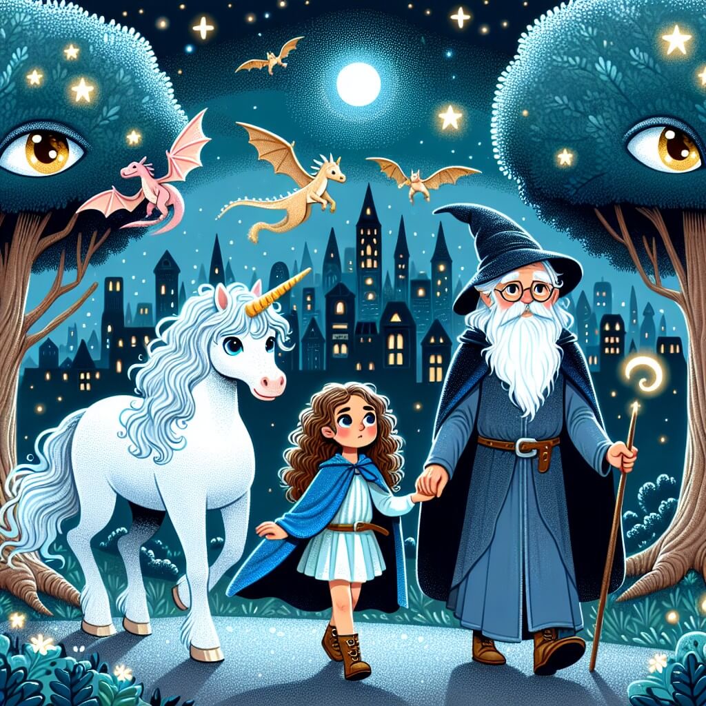 Une illustration destinée aux enfants représentant une jeune fille aux cheveux bouclés, vêtue d'une cape bleue, qui explore une ville magique où les dragons volent dans le ciel étoilé et les arbres ont des yeux qui brillent de lumières féeriques, tandis qu'elle est accompagnée d'un vieux magicien à la barbe blanche et d'un majestueux licorne blanche dans une forêt enchantée.