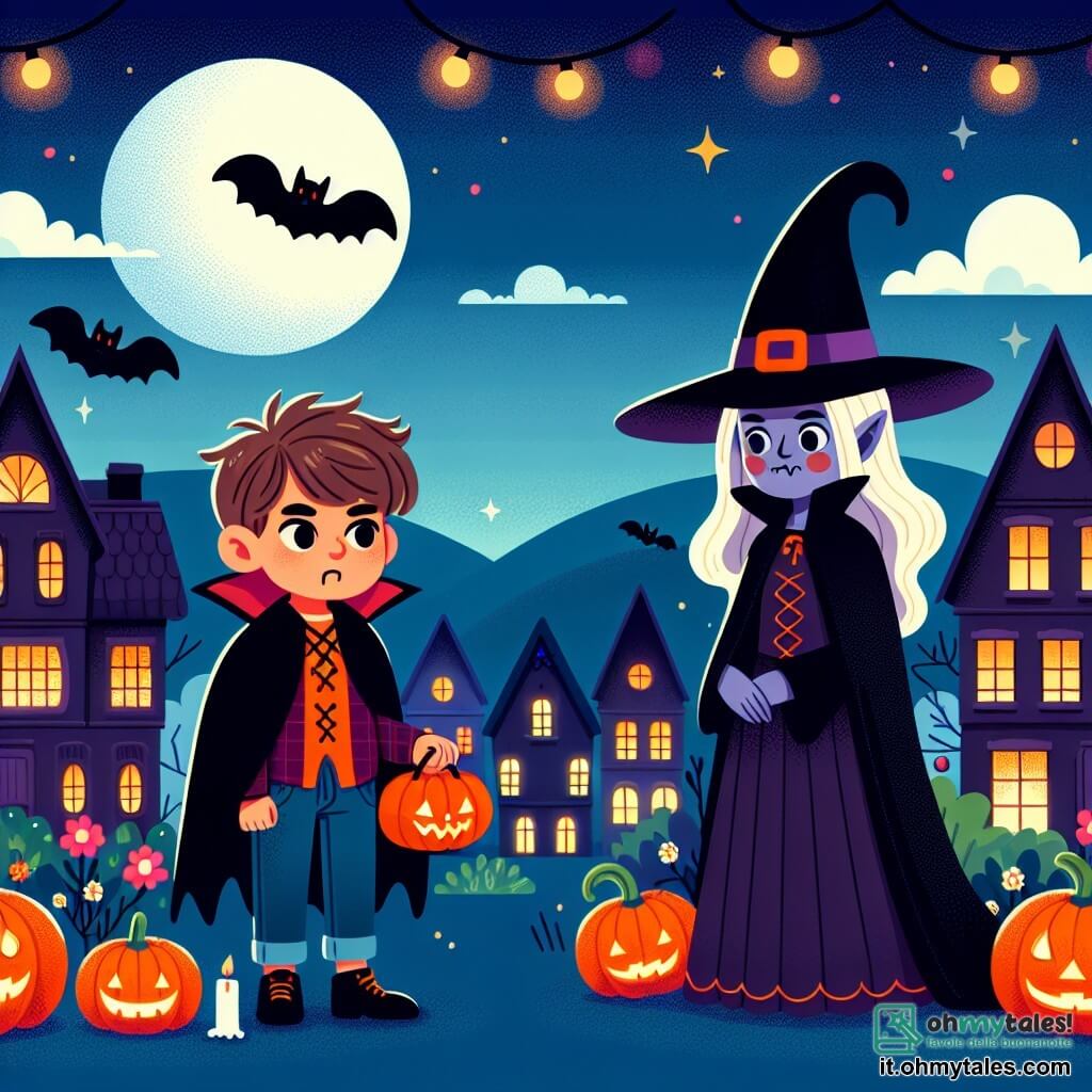 Une illustration destinée aux enfants représentant un petit garçon déguisé en vampire, faisant face à une mystérieuse sorcière, dans un paisible village aux maisons colorées décorées de citrouilles lumineuses, la nuit de Halloween.