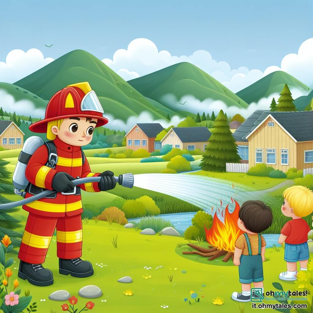 Une illustration destinée aux enfants représentant un pompier courageux en uniforme rouge et jaune, luttant contre un incendie dans un village paisible entouré de collines verdoyantes, avec des enfants curieux observant la scène avec admiration.
