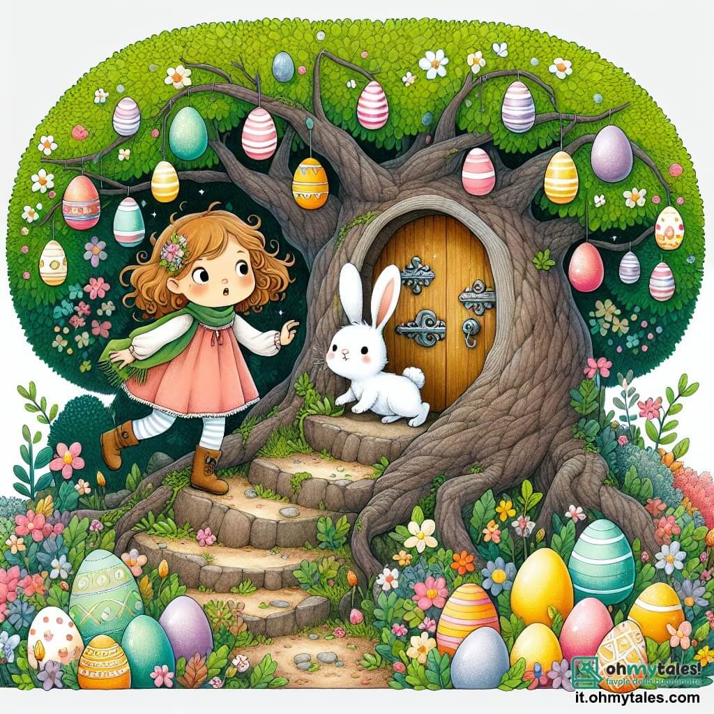 Une illustration destinée aux enfants représentant une fillette curieuse vivant une aventure magique de Pâques avec un petit lapin blanc comme compagnon, dans un jardin enchanté rempli d'œufs colorés et d'un grand arbre de quercia avec une porticina secrète.