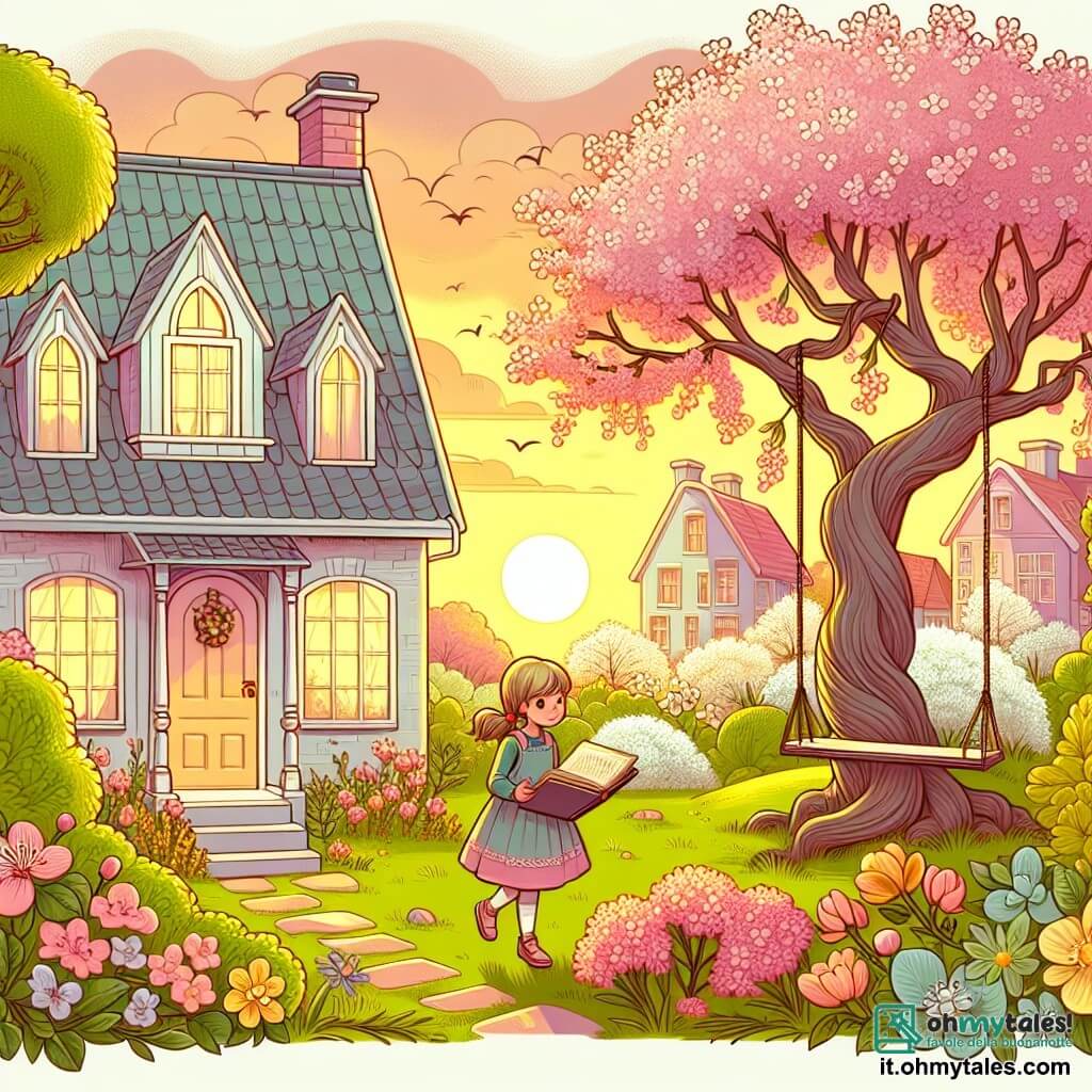 Une illustration destinée aux enfants représentant une fillette vivant dans une maison color pastel avec un jardin fleuri et une balançoire sous un arbre de cerisier, découvrant un vieux diario mystérieux dans un bosquet derrière sa maison, avec en toile de fond la lueur du soleil couchant.