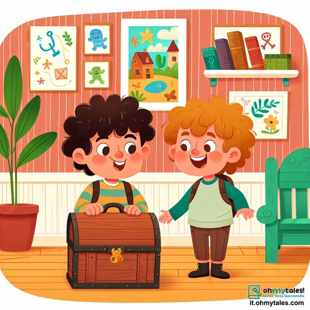 Une illustration destinée aux enfants représentant un garçon plein d'enthousiasme préparant une caccia al tesoro avec l'aide de son meilleur ami, un garçon aux cheveux bouclés, dans une maison chaleureuse aux murs colorés et aux meubles en bois, décorée de dessins joyeux et de plantes vertes.