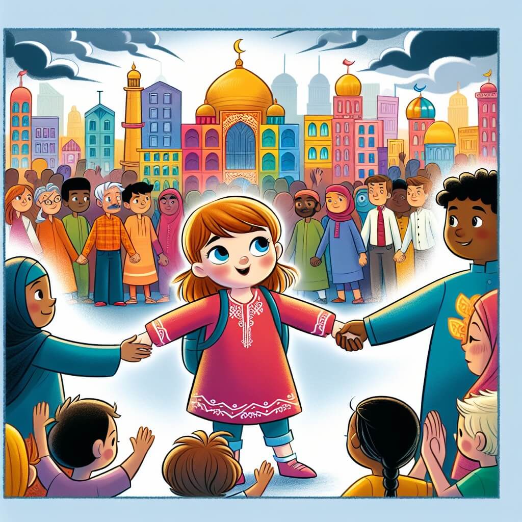 Une illustration destinée aux enfants représentant une jeune fille curieuse et pleine de vie, faisant face à une situation où elle doit lutter contre le racisme avec l'aide d'un ami, dans une ville colorée où les gens de toutes les cultures se tiennent la main en signe d'unité.