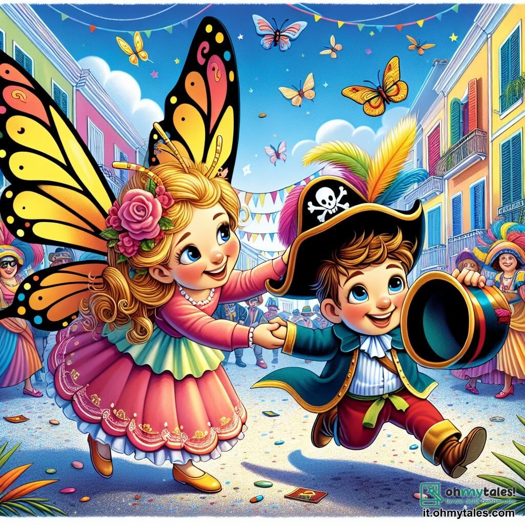 Une illustration destinée aux enfants représentant une fillette joyeuse en costume de farfalla, aidant un garçon déguisé en pirate à retrouver son chapeau sous un ciel bleu éclatant lors d'une parade colorée de Carnevale dans une rue animée et festive.