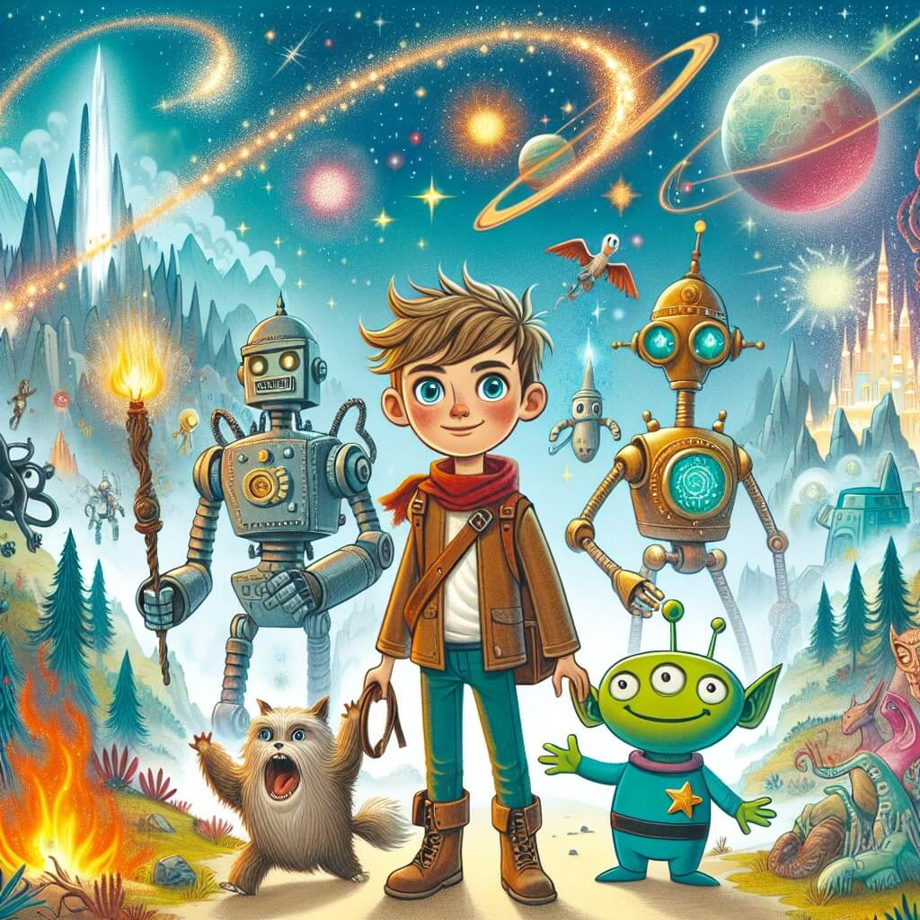 Une illustration destinée aux enfants représentant un jeune garçon avide d'aventure, se retrouvant propulsé dans un monde où la magie et la science se mêlent, accompagné d'un robot magique et d'un sympathique alien vert, dans un paysage fantastique de forêts enchantées, de déserts de feu et de cités galactiques scintillantes.