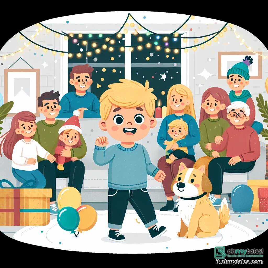 Une illustration destinée aux enfants représentant un petit garçon joyeux et espiègle, entouré de sa famille et de son chien, célébrant la fête du nouvel an dans un salon chaleureux décoré de guirlandes scintillantes et de ballons colorés.