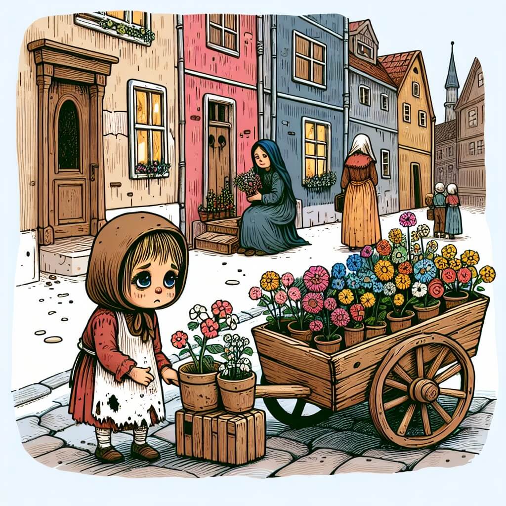 Une illustration destinée aux enfants représentant une petite fille aux vêtements déchirés et aux joues creuses, vendant des fleurs dans un vieux chariot en bois, accompagnée de sa mère, dans une petite maison colorée située dans une rue pavée étroite d'une ville animée.
