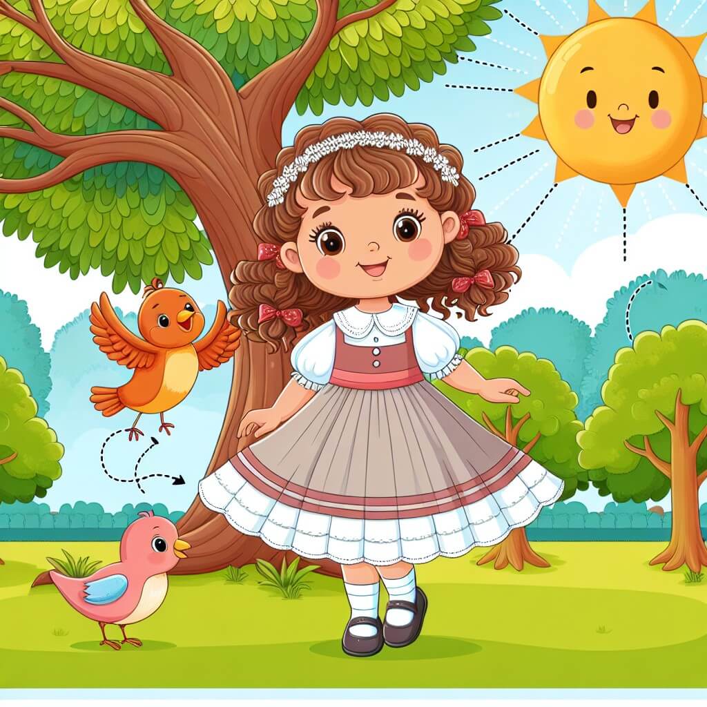 Une illustration destinée aux enfants représentant une petite fille aux cheveux bouclés, debout devant un arbre majestueux dans un parc ensoleillé, tandis qu'un petit oiseau vole joyeusement à ses côtés, évoquant ainsi une histoire sur le mensonge.