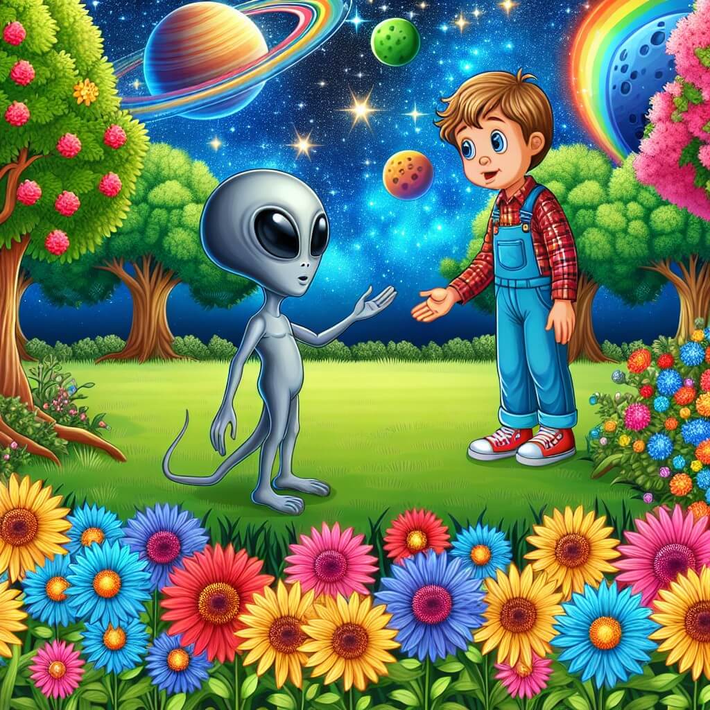 Une illustration destinée aux enfants représentant un jeune garçon curieux qui fait la rencontre d'un extraterrestre amical, dans un parc aux arbres chatoyants et aux fleurs lumineuses, avec un ciel étoilé et des planètes colorées en arrière-plan.