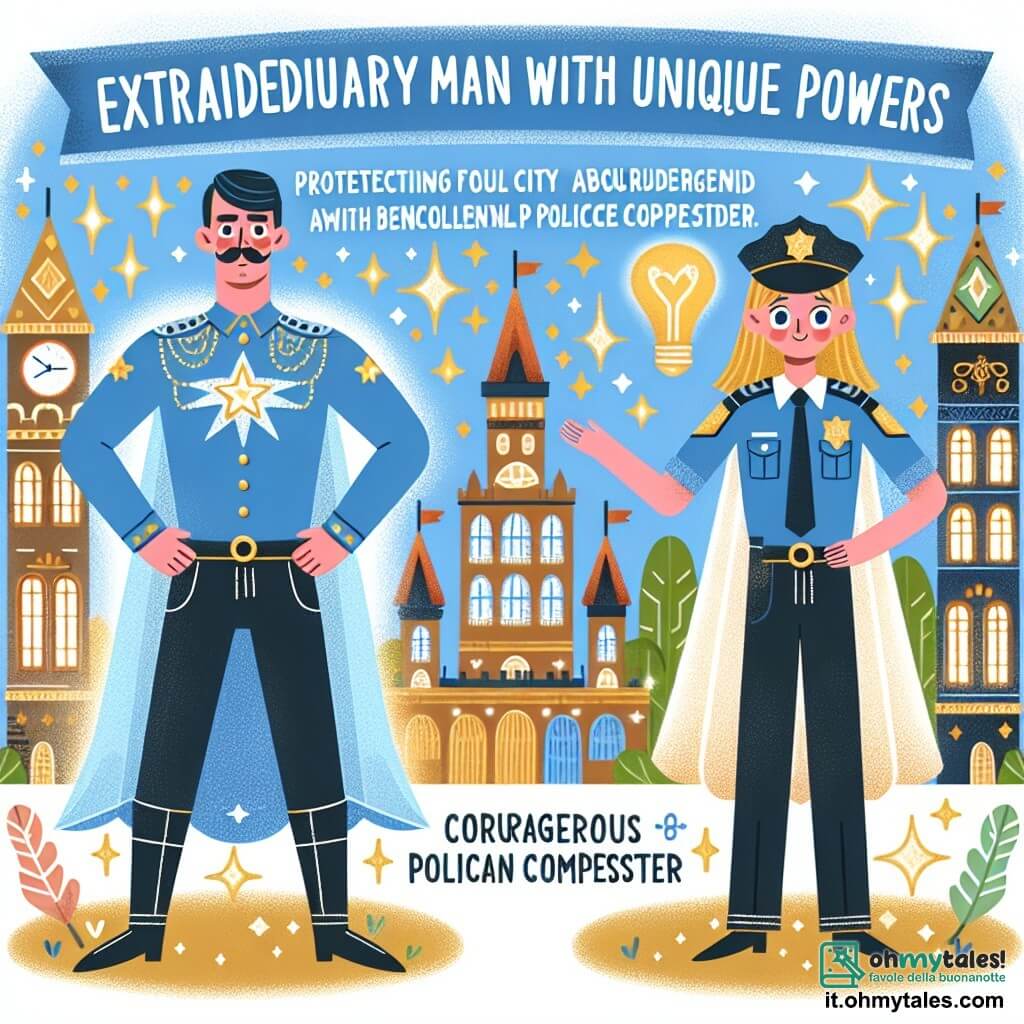 Une illustration destinée aux enfants représentant un homme aux pouvoirs extraordinaires, protégeant une ville magique remplie de tours scintillantes, en compagnie d'un commissaire de police courageux et bienveillant.