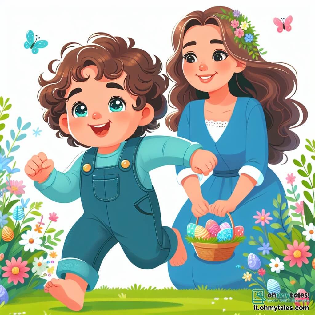 Une illustration sous forme de dessin destinée aux enfants représentant un jardin en pleine floraison, avec des fleurs colorées et des papillons virevoltant dans l'air, où un petit garçon de 1 an aux cheveux bouclés et aux yeux pétillants, vêtu d'une salopette bleue, s'amuse à sauter joyeusement dans l'herbe verte, tandis que sa maman, une femme souriante aux cheveux longs et bruns, l'observe avec tendresse, tenant une petite corbeille remplie d'œufs de Pâques colorés, illustrant ainsi un moment de bonheur et de découverte printanière.