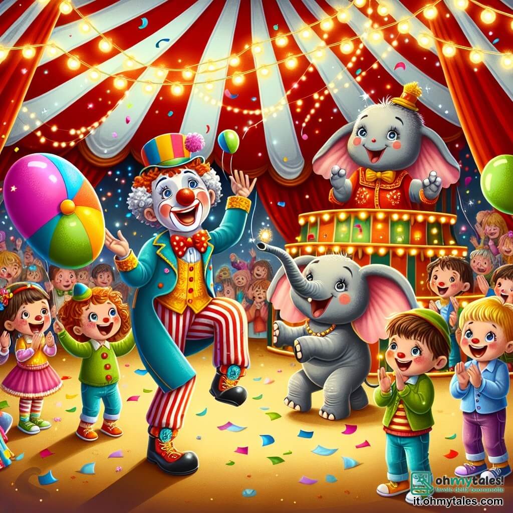 Illustrazione che rappresenta un grande tendone da circo colorato, con strisce rosse e bianche, illuminato da ghirlande di luci scintillanti. All'interno, una scena vivace dove un clown gioioso, un uomo di circa 30 anni con un naso rosso, capelli arruffati e un grande sorriso, balla con una grande palla multicolore. Accanto a lui, un elefante carino, un giovane maschio con pelle grigia, grandi orecchie e occhi scintillanti, che si tiene sulle zampe posteriori, pronto a ballare. Un gruppo di bambini, tre ragazzi e due ragazze di circa 5 anni, tutti vestiti con abiti colorati, applaudono con entusiasmo, alcuni saltando di gioia. L'atmosfera è piena di risate e magia, con coriandoli che fluttuano nell'aria e palloni colorati che decorano il tendone.