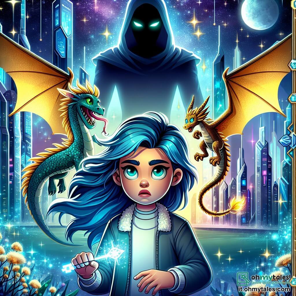 Une illustration sous forme de dessin destinée aux enfants représentant une ville futuriste aux gratte-ciels de verre scintillant sous un ciel étoilé, où une fille de 11 ans aux cheveux bleu intense et aux yeux verts brillants se tient au centre, tenant une clé magique lumineuse, entourée d'un dragolet aux écailles dorées qui vole gracieusement autour d'elle, tandis qu'une ombre menaçante, un personnage sombre et imposant, se profile en arrière-plan, symbolisant le conflit entre la lumière et l'obscurité dans cette aventure de science fantasy.