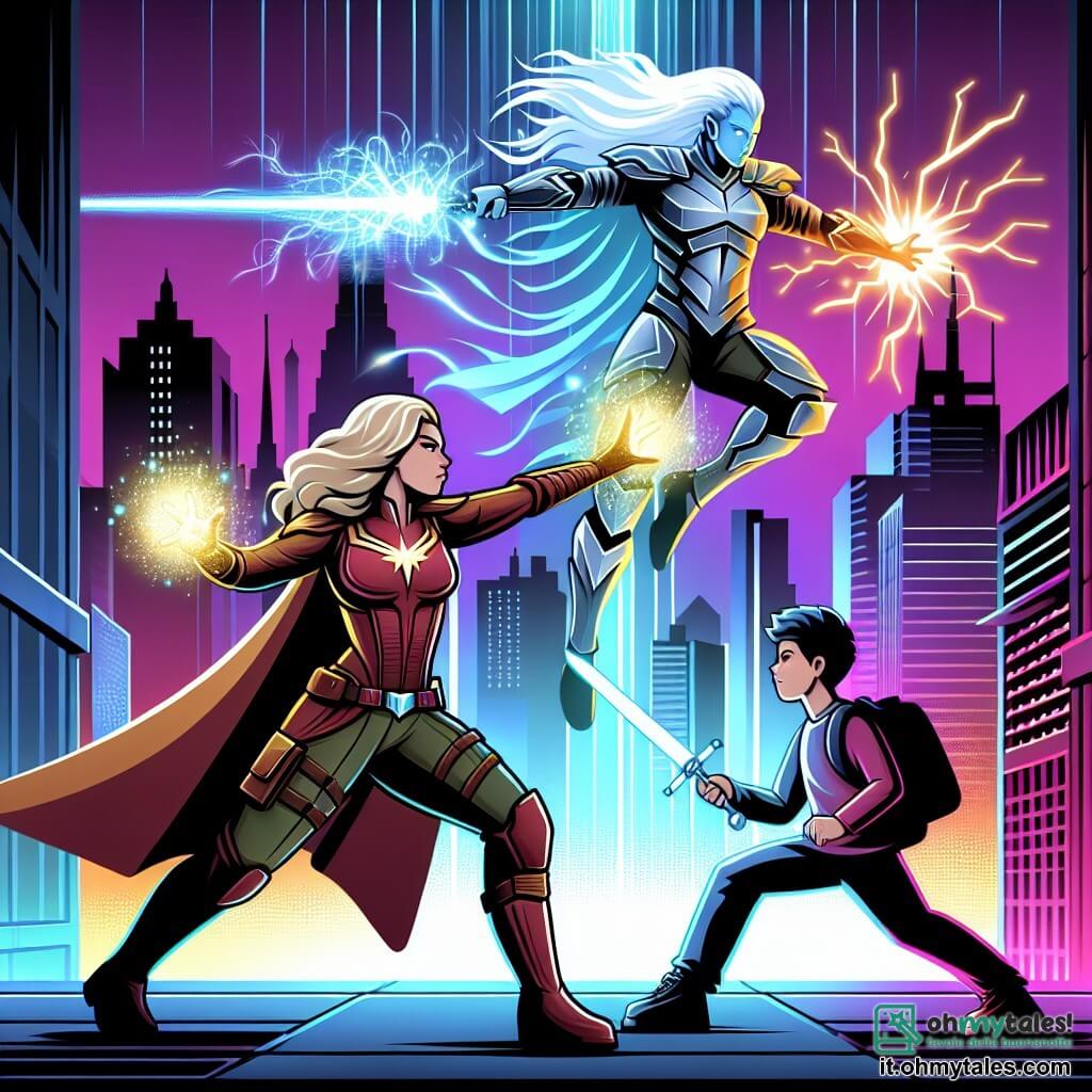 Une illustration destinée aux enfants représentant une super-héroïne aux pouvoirs magiques, affrontant un redoutable alien avec l'aide de son fidèle ami garçon, dans une ville futuriste illuminée par les néons et surplombée par des grattacieli.