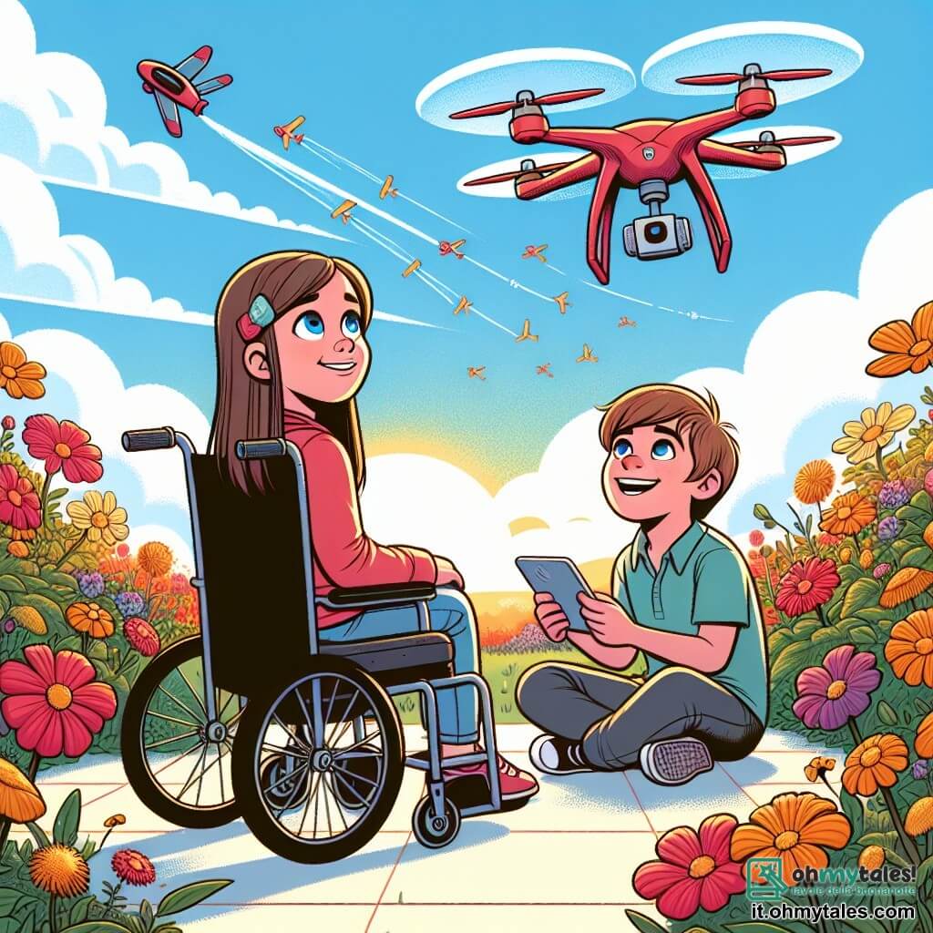 Une illustration sous forme de dessin destinée aux enfants représentant un jardin ensoleillé rempli de fleurs colorées, où une fille de 11 ans aux longs cheveux bruns et aux yeux bleus, assise dans sa chaise roulante, sourit en regardant un drone rouge brillant voler dans le ciel, tandis qu'un garçon de 12 ans, aux cheveux châtains et au sourire contagieux, contrôle le drone avec enthousiasme, illustrant ainsi leur amitié et leur détermination à partager des histoires inspirantes sur le handicap.