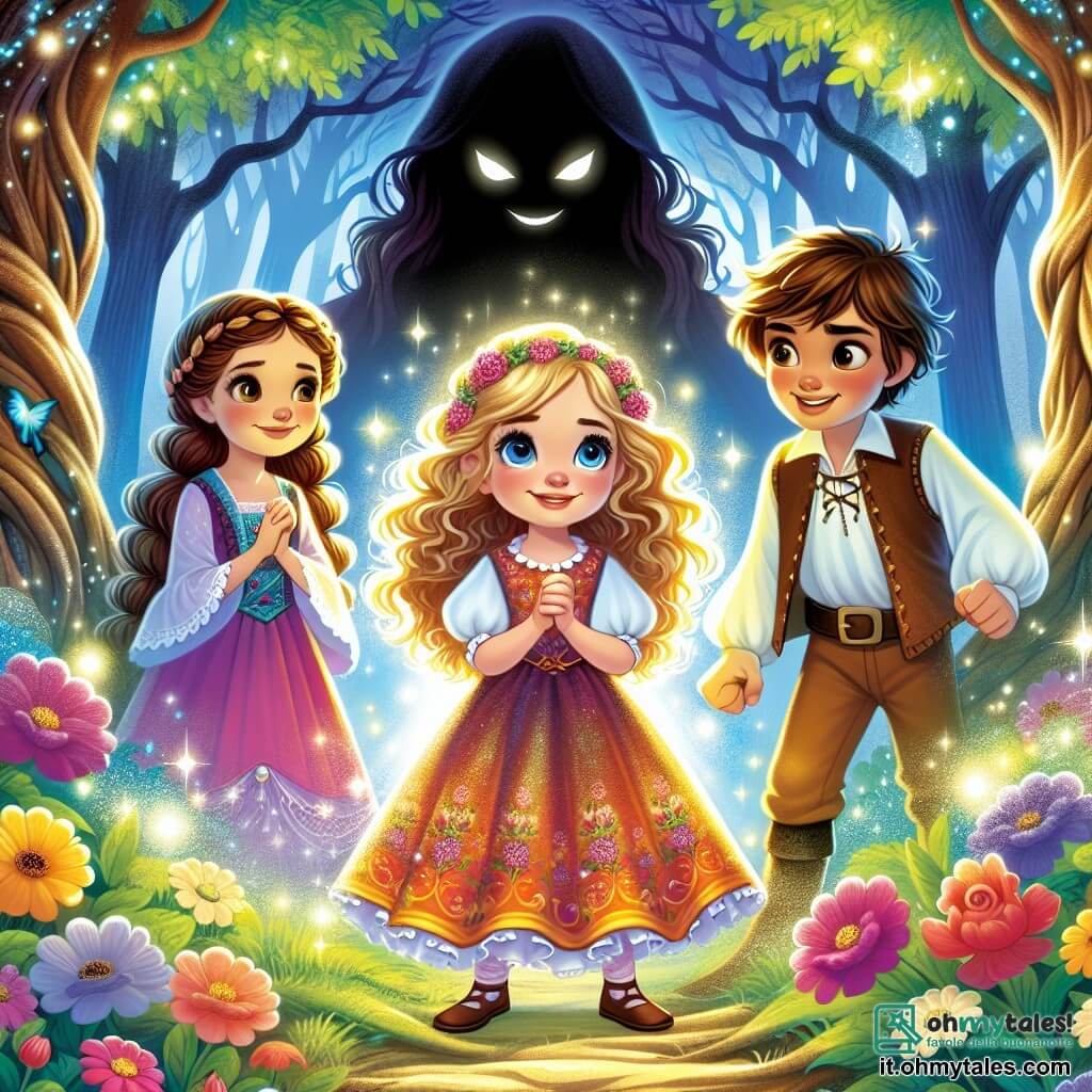 Une illustration sous forme de dessin destinée aux enfants représentant une forêt enchantée aux arbres majestueux et aux feuilles scintillantes, où une fille de 8 ans aux grands yeux bleus et aux cheveux bouclés dorés, vêtue d'une robe colorée, se tient courageusement devant une ombre menaçante, tandis qu'un garçon audacieux aux cheveux bruns et un sourire éclatant, ainsi qu'une petite fille douce avec des cheveux tressés et un regard attentif, l'observent avec détermination, tous prêts à affronter l'obscurité ensemble, entourés de fleurs éclatantes et d'une lumière magique qui commence à percer à travers les ténèbres.
