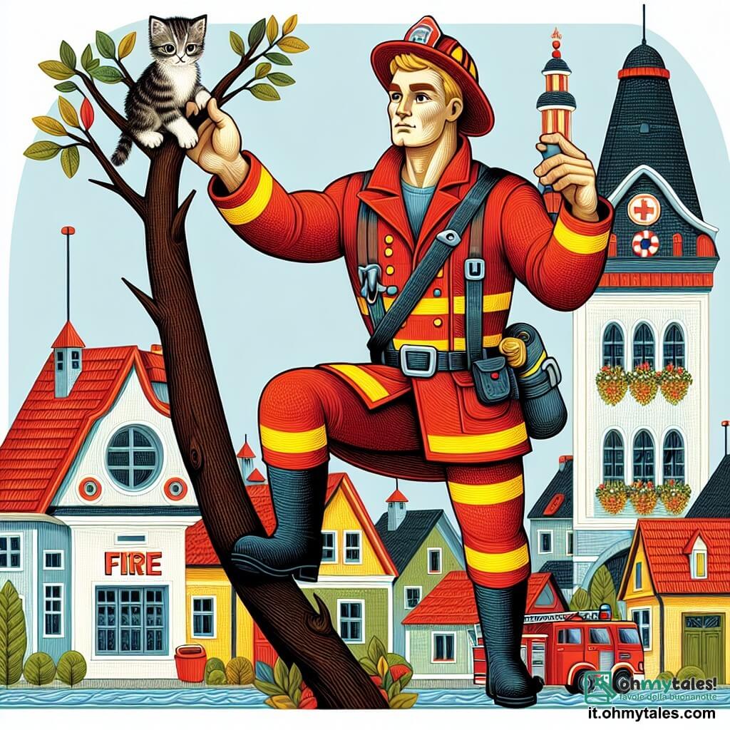 Une illustration destinée aux enfants représentant un homme fort et courageux, vêtu d'une tenue de pompier rouge vif, en train de sauver un chaton perché sur une branche d'un grand arbre, avec en arrière-plan une petite ville colorée remplie de maisons aux toits en tuiles rouges et une caserne de pompiers imposante, située au cœur de la communauté.