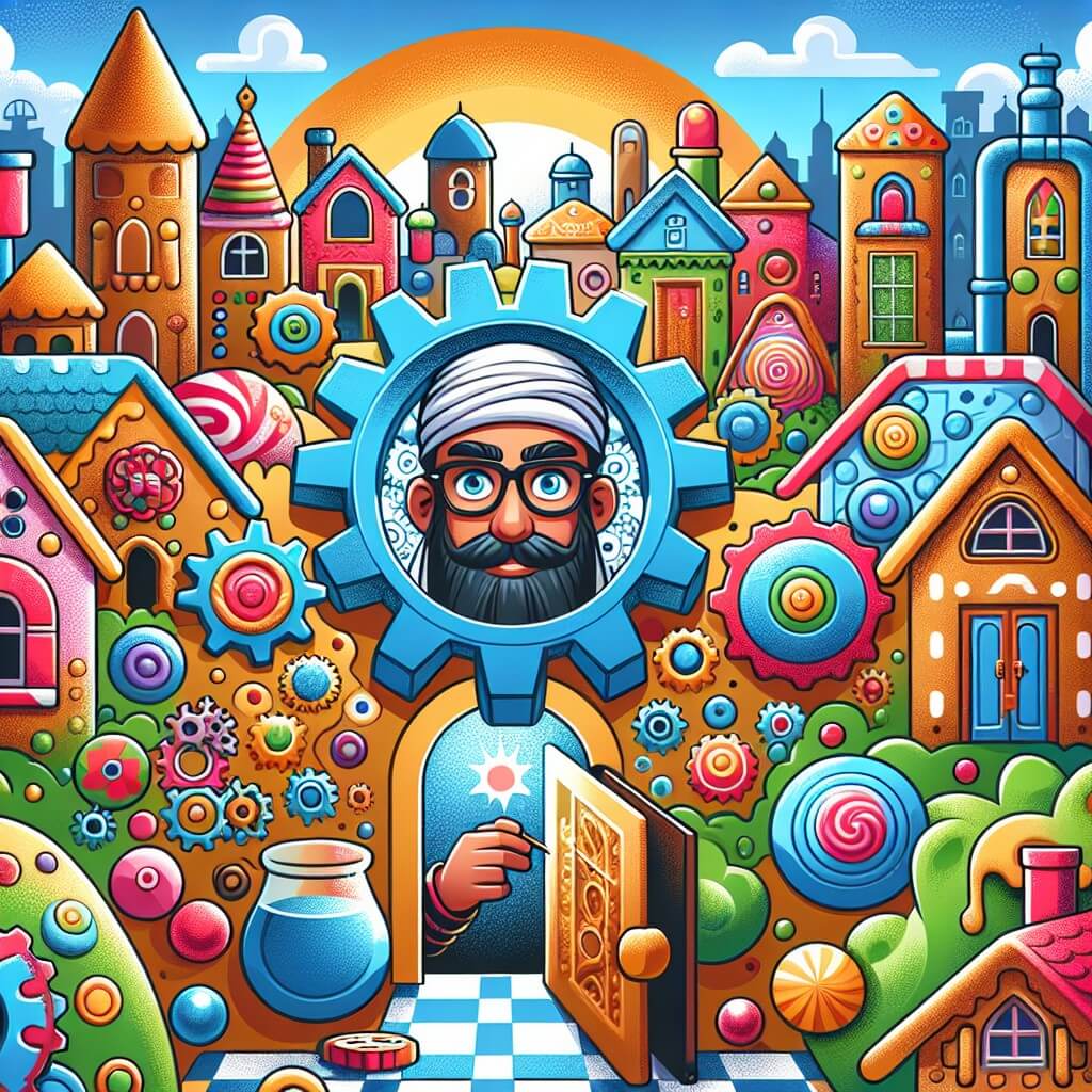 Une illustration destinée aux enfants représentant un homme créatif, entouré d'engrenages et de machines, découvrant une porte secrète dans son laboratoire coloré, situé au cœur d'une petite ville pittoresque remplie de maisons en pain d'épice et de rues pavées de bonbons.