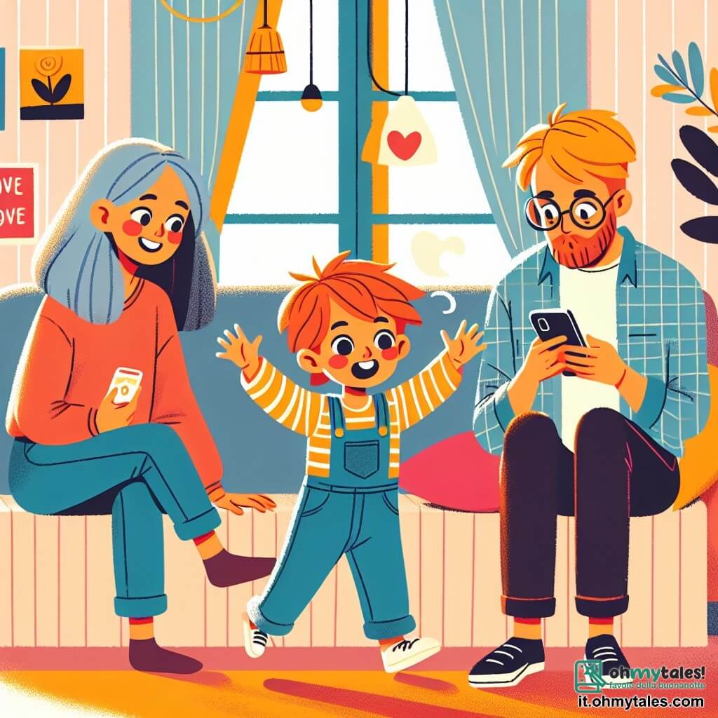 Une illustration destinée aux enfants représentant un petit garçon curieux et énergique découvrant que ses parents passent trop de temps devant des écrans lumineux, avec sa mère, une femme douce et souriante, et son père, un homme absorbé par son téléphone, dans une maison colorée et chaleureuse remplie d'amour.