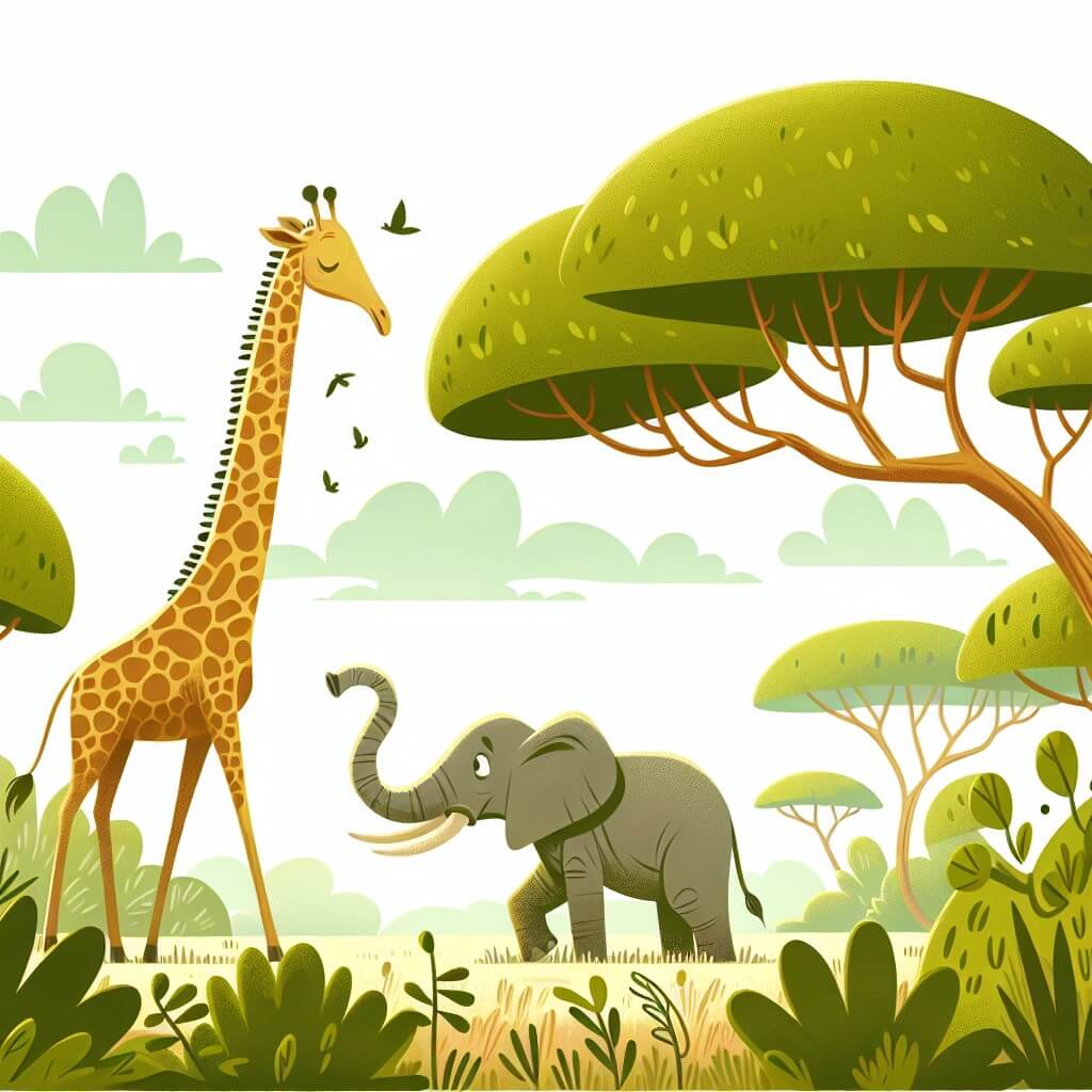 Une illustration destinée aux enfants représentant une majestueuse girafe, avec son long cou tendu vers le ciel, rencontrant un éléphant perdu au milieu d'une savane luxuriante, où les arbres verdoyants se balancent doucement au rythme du vent chaud de l'Afrique.