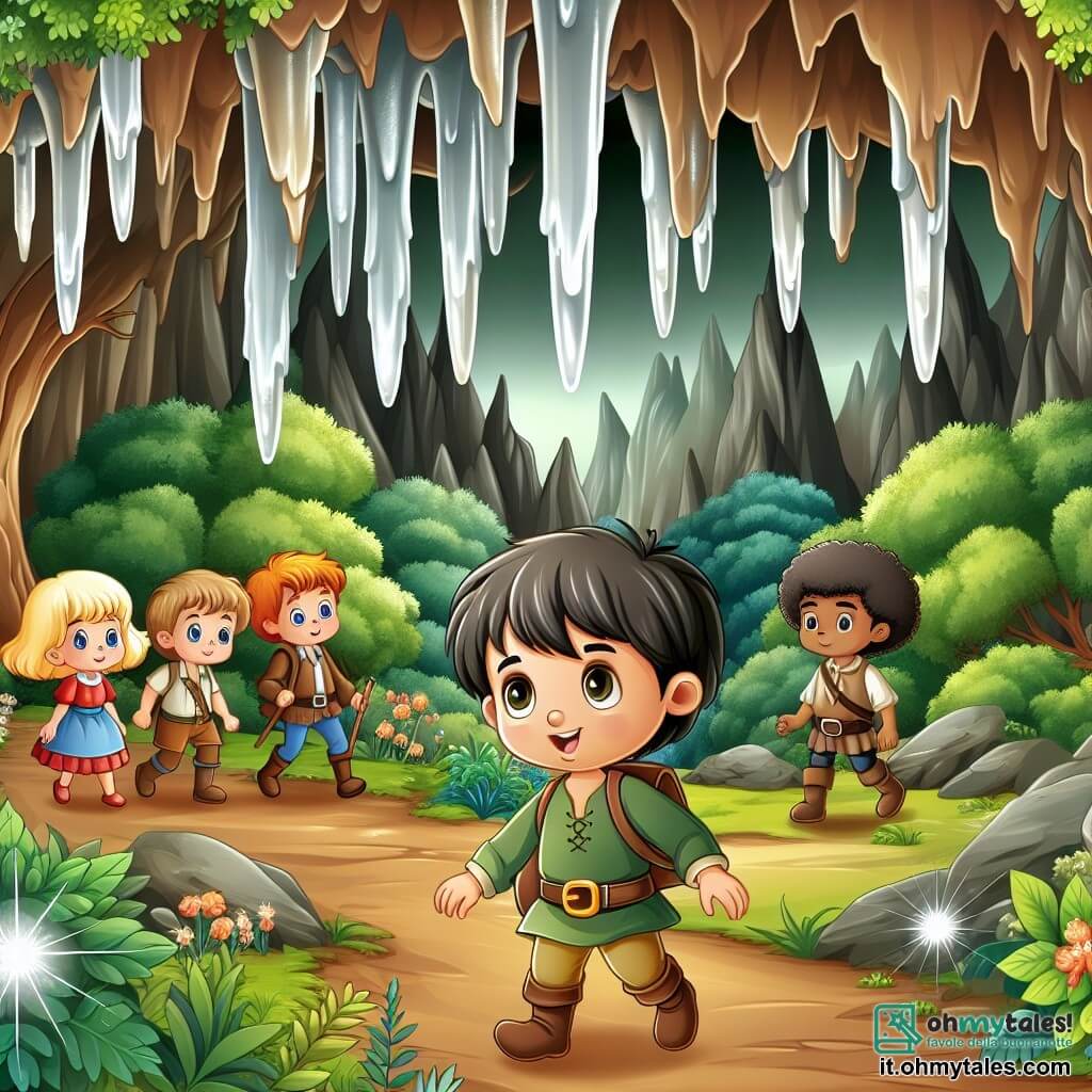 Une illustration destinée aux enfants représentant un petit garçon intrépide, accompagné de ses amis, explorant une grotte mystérieuse pleine de stalactites brillantes, dans une forêt dense et enchantée.