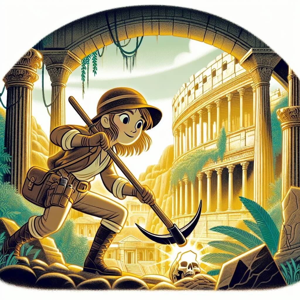 Une illustration destinée aux enfants représentant une jeune femme intrépide, armée de son pic et de sa brosse, découvrant un trésor antique caché dans les ruines d'un amphithéâtre romain, entouré de colonnes majestueuses et de végétation luxuriante, dans une atmosphère dorée et mystérieuse.