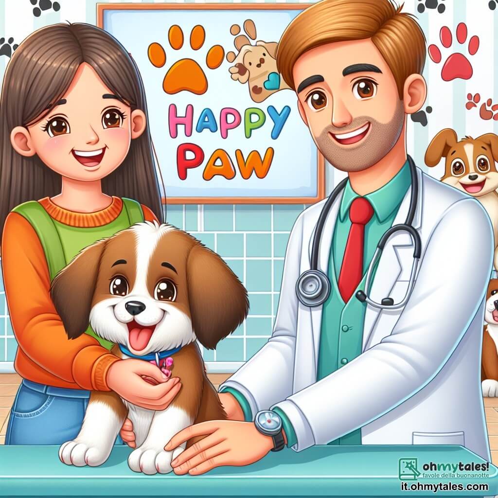 Une illustration destinée aux enfants représentant un vétérinaire bienveillant en train de soigner un chiot joyeux, accompagné de son assistante souriante, dans le chaleureux et coloré centre vétérinaire "Zampa Felice" décoré de dessins d'animaux.