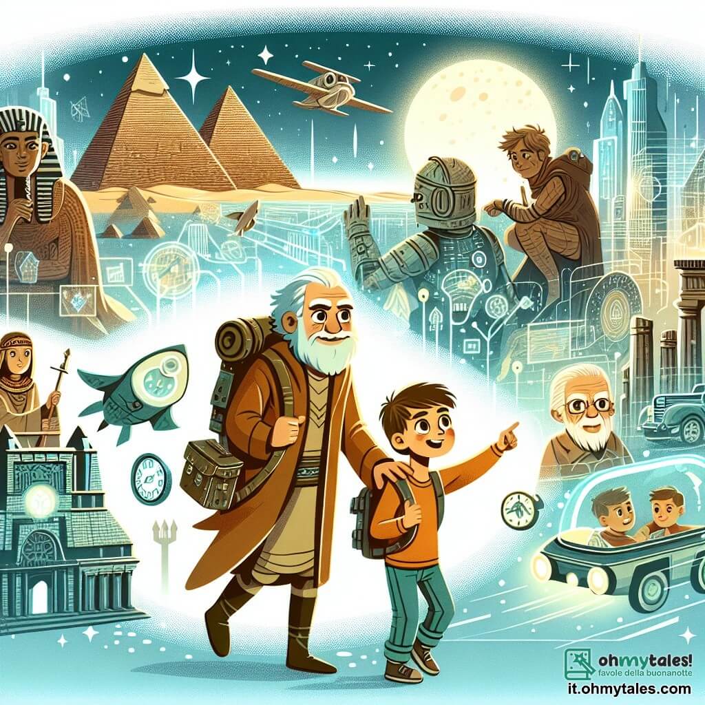 Une illustration destinée aux enfants représentant un garçon curieux et courageux, voyageant à travers le temps avec l'aide d'un sage vieil homme, découvrant des époques lointaines et mystérieuses, telles que l'Antico Egitto avec ses pyramides imposantes, le Medioevo avec ses châteaux en ruine, et un futur technologique avec des voitures volantes et des buildings scintillants.