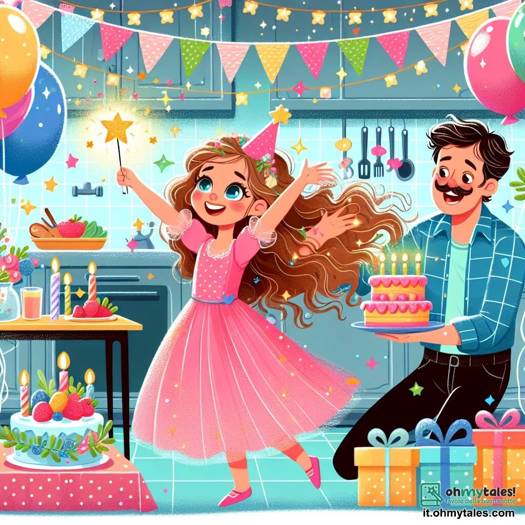 Une illustration destinée aux enfants représentant une fillette aux cheveux bouclés et aux yeux pétillants, vivant une aventure magique le jour de son anniversaire, accompagnée de son père, dans une cuisine colorée et joyeuse décorée de ballons et de guirlandes scintillantes.