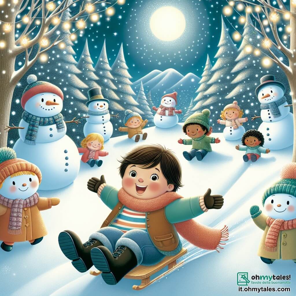 Une illustration destinée aux enfants représentant un garçon joyeux et curieux, accompagné de ses amis, glissant sur une collina enneigée dans un parc magique rempli de pupazzi di neve scintillants sous le soleil hivernal.