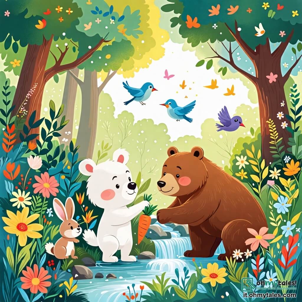 Une illustration sous forme de dessin destinée aux enfants représentant une forêt verdoyante avec des arbres majestueux et un ruisseau scintillant, au premier plan une grande ourse au pelage blanc comme la neige, souriante et penchée pour aider un petit lapin aux longues oreilles et au pelage brun, qui semble joyeux en tenant une carotte orange dans ses pattes, tandis qu'autour d'eux, des fleurs colorées et des oiseaux chantants ajoutent une touche de magie à cette scène d'amitié et de découverte.