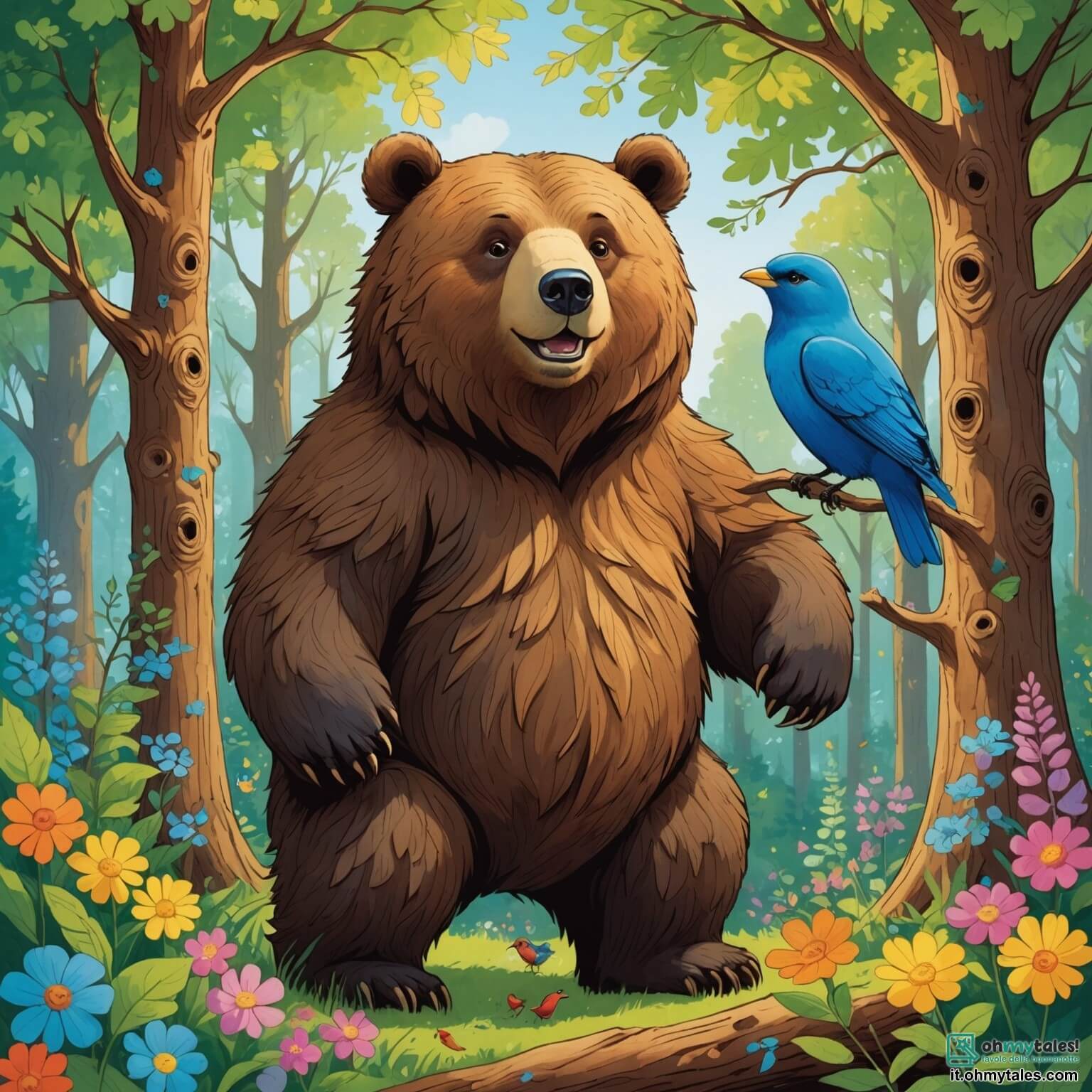 Une illustration destinée aux enfants représentant une grande ourse au pelage brun brillant, au regard doux et bienveillant, qui se trouve dans une forêt enchantée où les arbres majestueux aux feuilles scintillantes dansent au gré du vent, tandis qu'un petit oiseau bleu, effrayé et perdu, cherche de l'aide pour retrouver son nid perché dans une haute branche d'une quercia, entourée de fleurs colorées qui chantent des mélodies joyeuses.